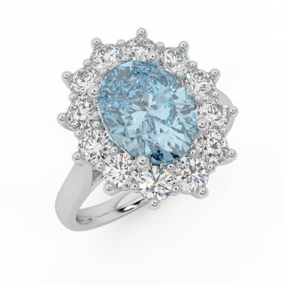AQUAMARINE OVAL CUT 3.51 CT AND 1.70 CT ROUND DIAMOND CLUSTER ENGAGEMENT RING IN PLATINUM