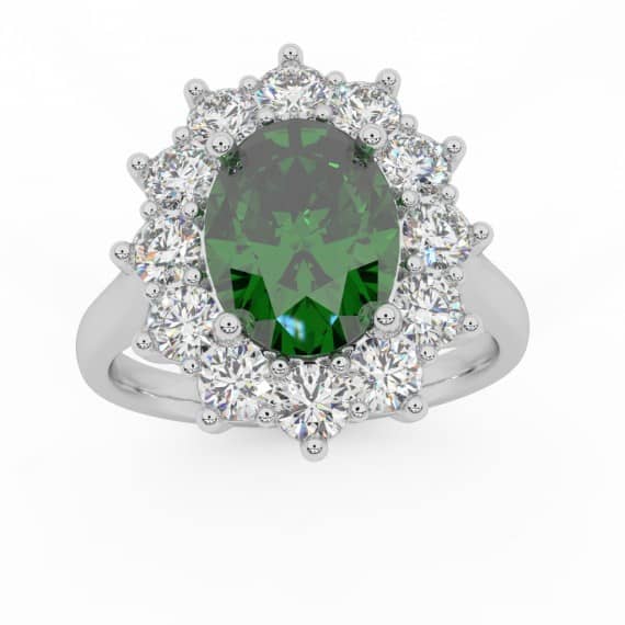 EMERALD OVAL CUT 1.95 CT AND 1.00 CT ROUND DIAMOND ENGAGEMENT RING IN 18K WHITE GOLD