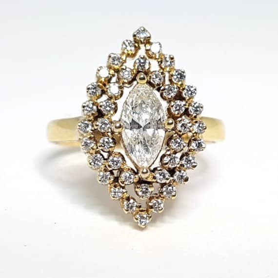 1.25 CT MARQUISE AND DIAMOND HALO RING , 18K YELLOW GOLD