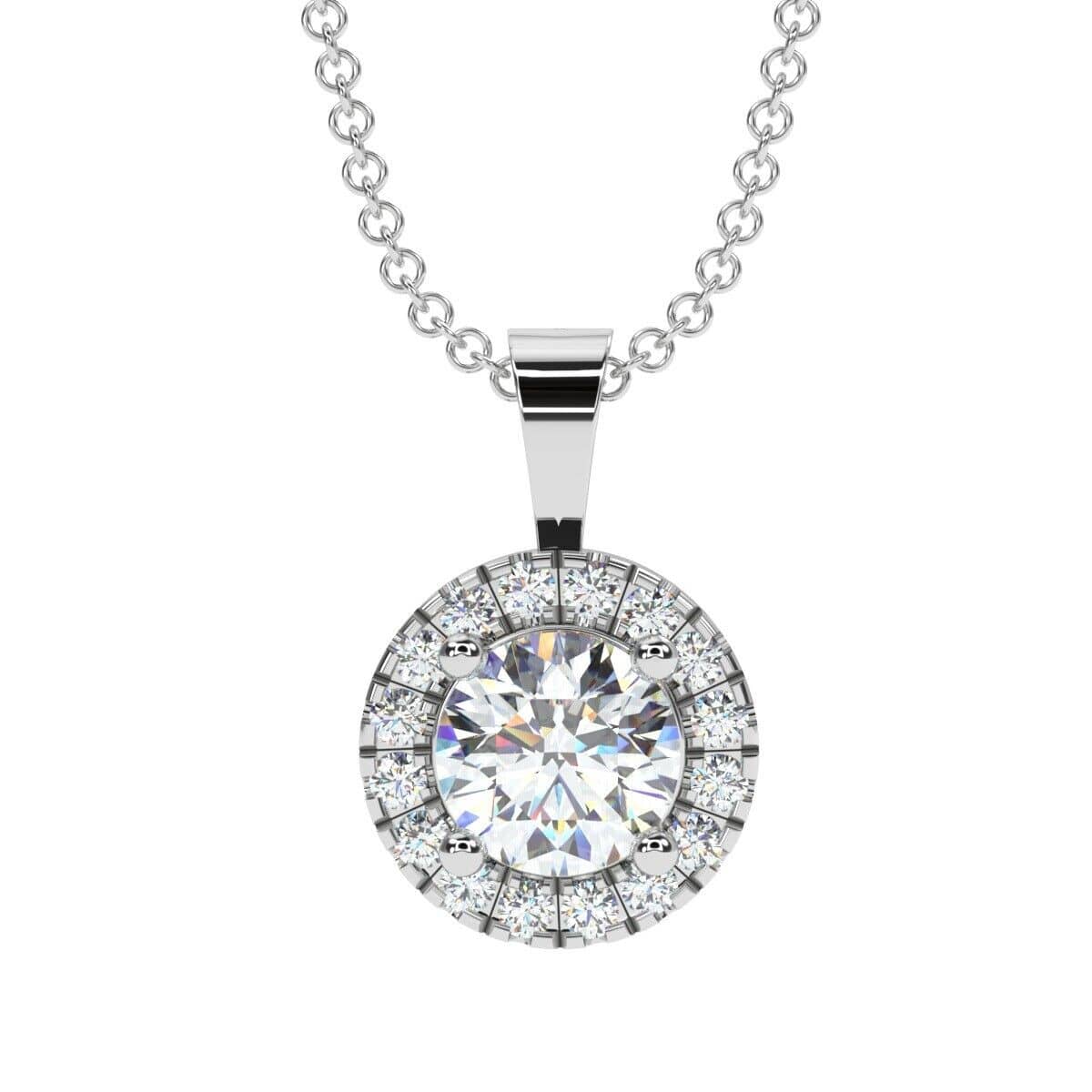 1.00 Ct Round Diamond Halo Pendant With Chain, Hallmark 18k White Gold