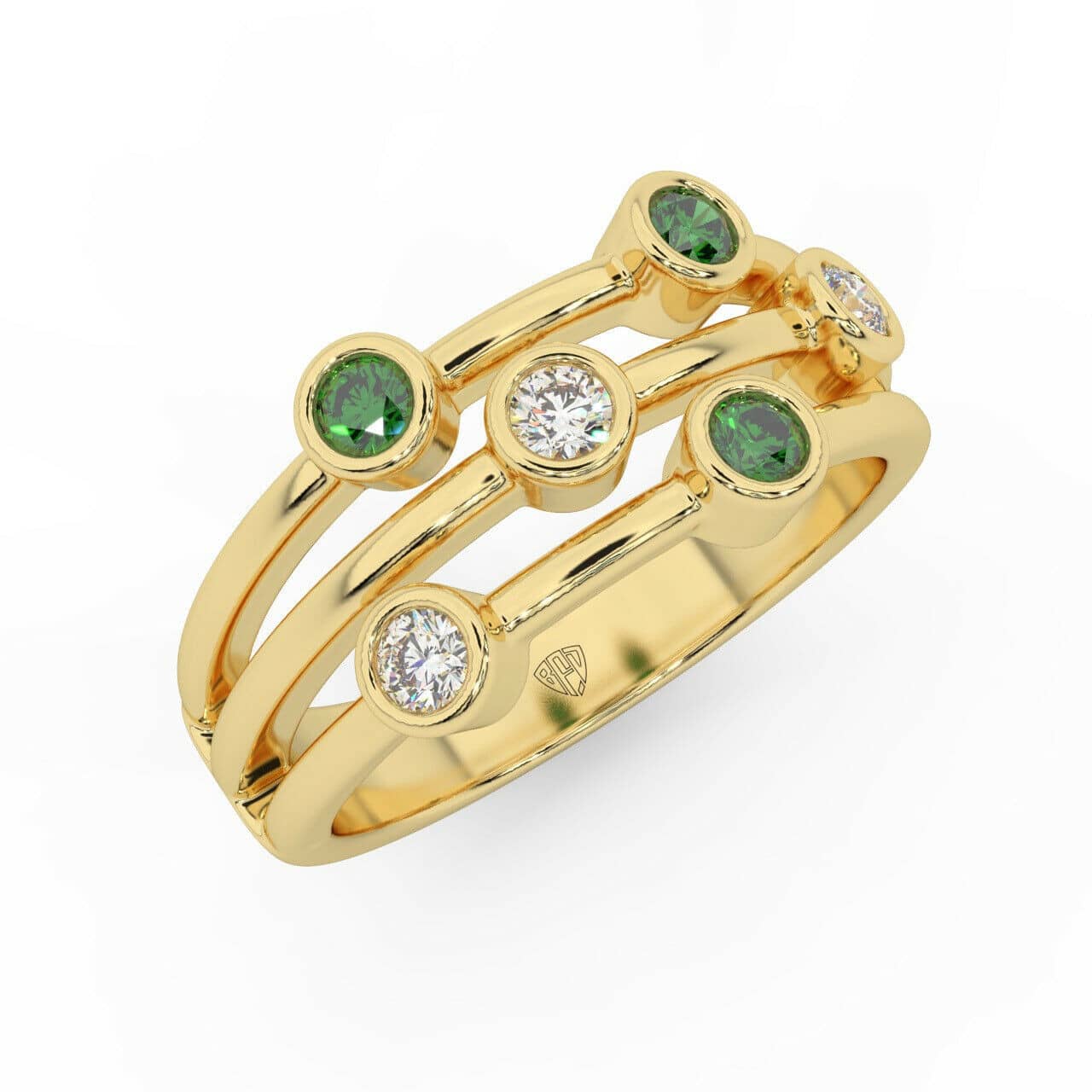 0.50 Ct Diamond & Green emerald Bezel Set Bubble Ring in Solid Yellow Gold