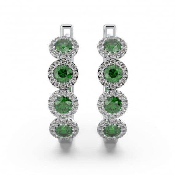 100% NATURAL GREEN EMERALD & DIAMOND HALO HOOP EARRINGS IN GOLD