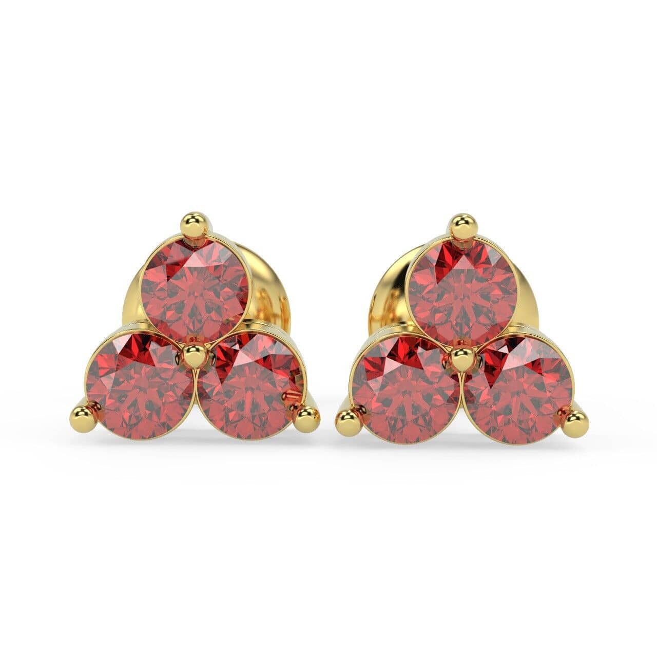 100% Natural 0.40 Ct 3 Round Diamond Cut Ruby Stud Earring , Yellow Gold