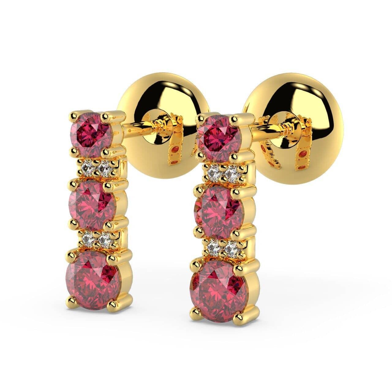 100% Natural 0.50 Carat Ruby & Diamond Tower Earrings, Yellow Gold