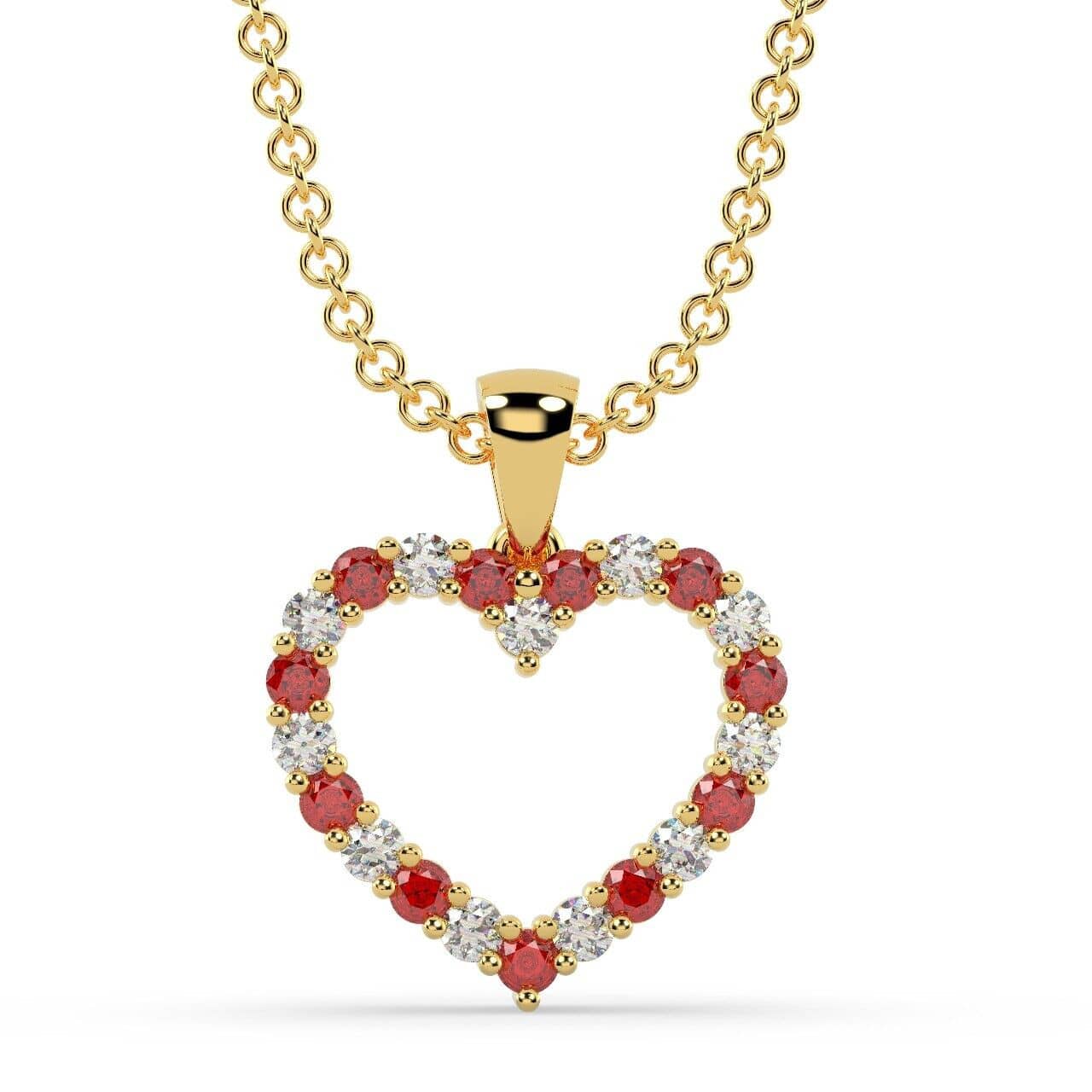 Gift For Her..! Round Ruby and Diamond Heart Pendant In Yellow Gold With Chain