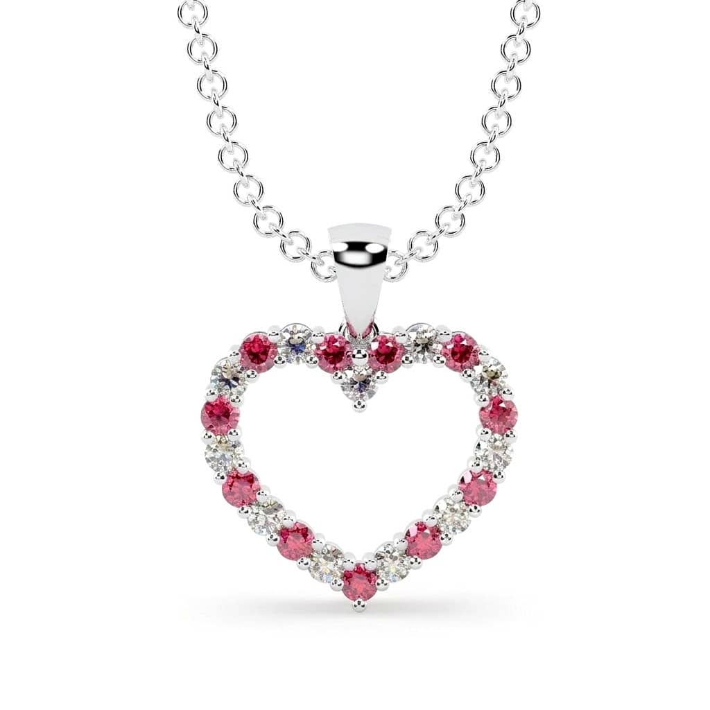 Round Ruby and Diamond Heart Pendant, 9k White Gold With Chain