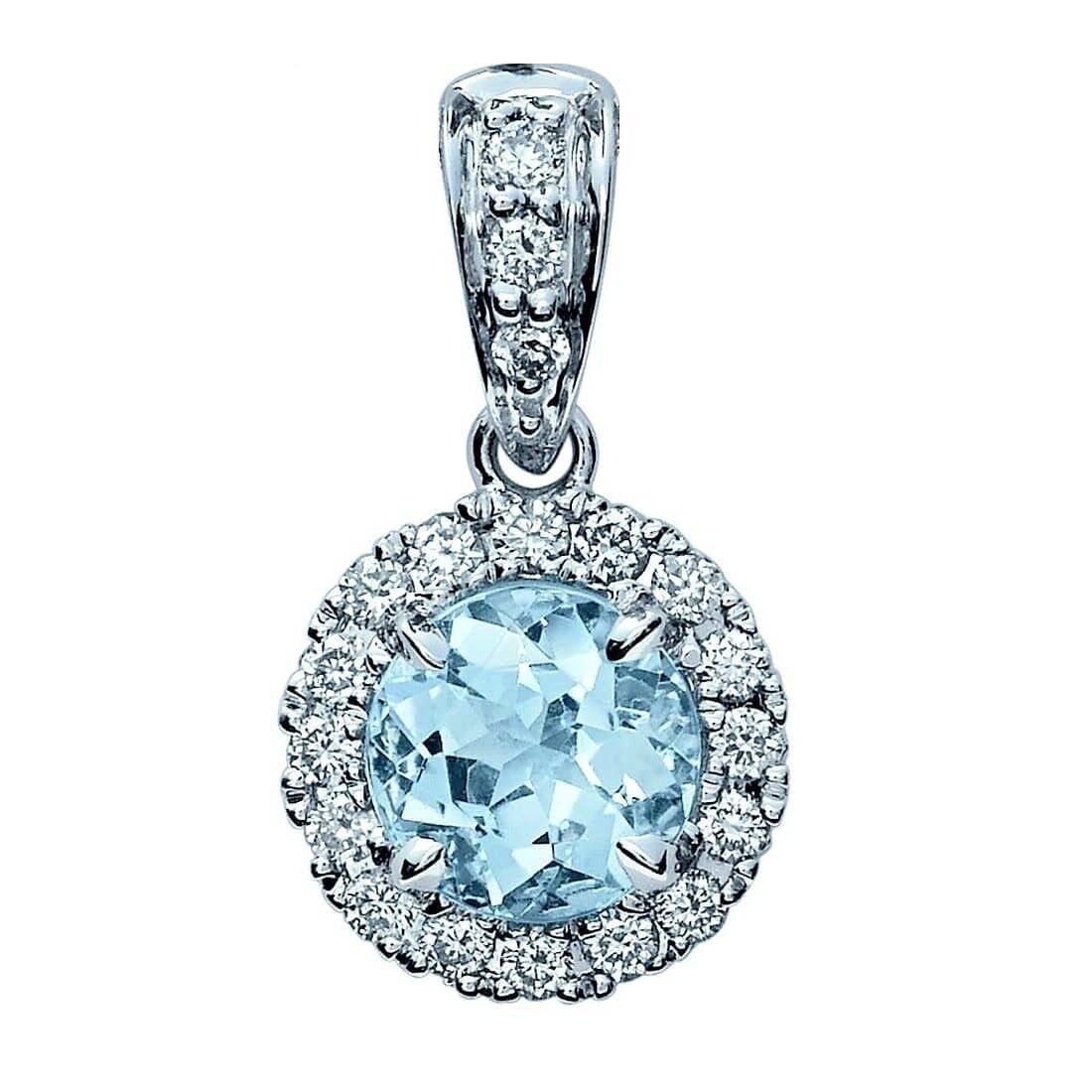 100% Natural Aquamarine And Diamond HaloPendant With Chain, Heavy White Gold