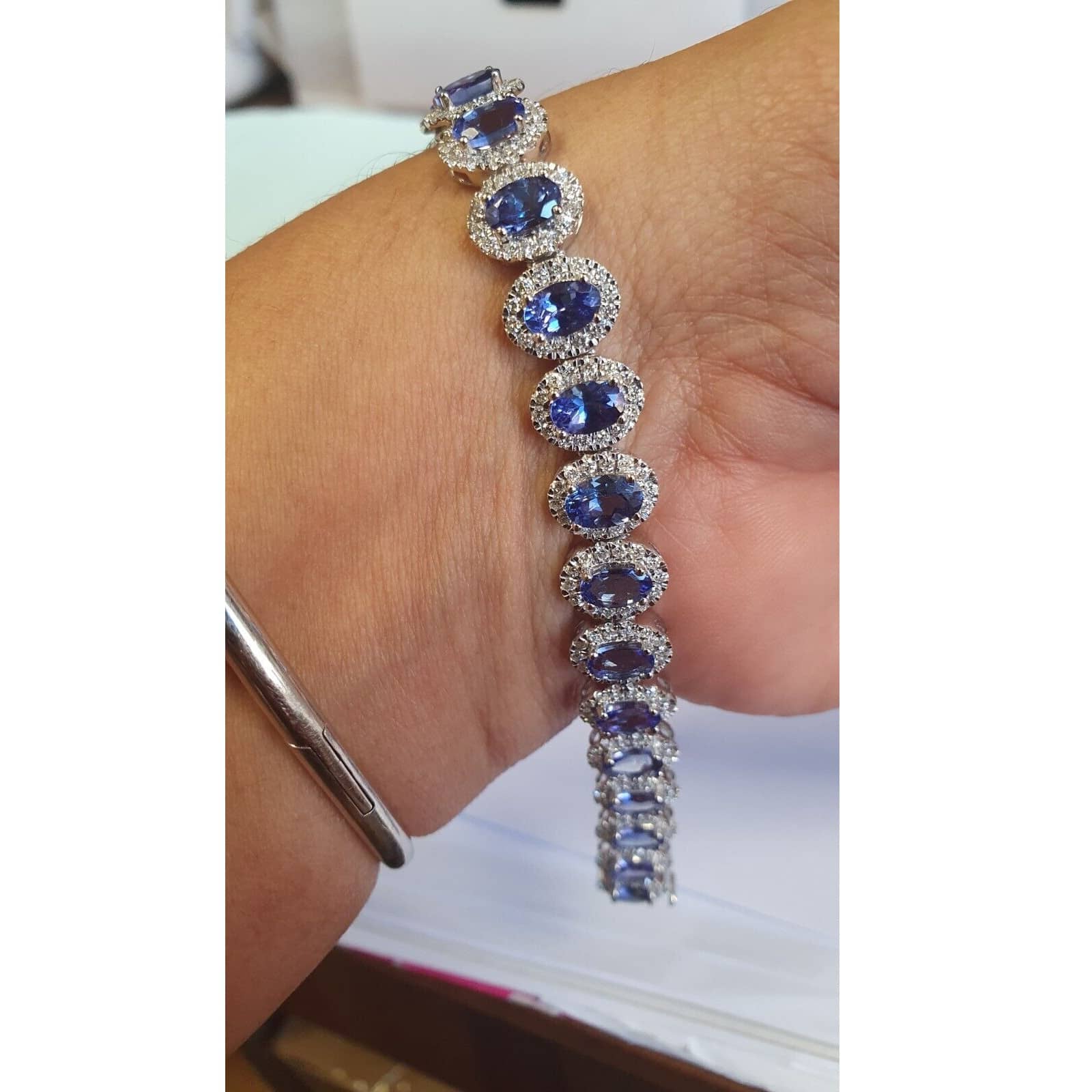 Last Piece..! 19.25 Ct Oval Tanzanite And Diamond Halo Bracelet In 9K White Gold