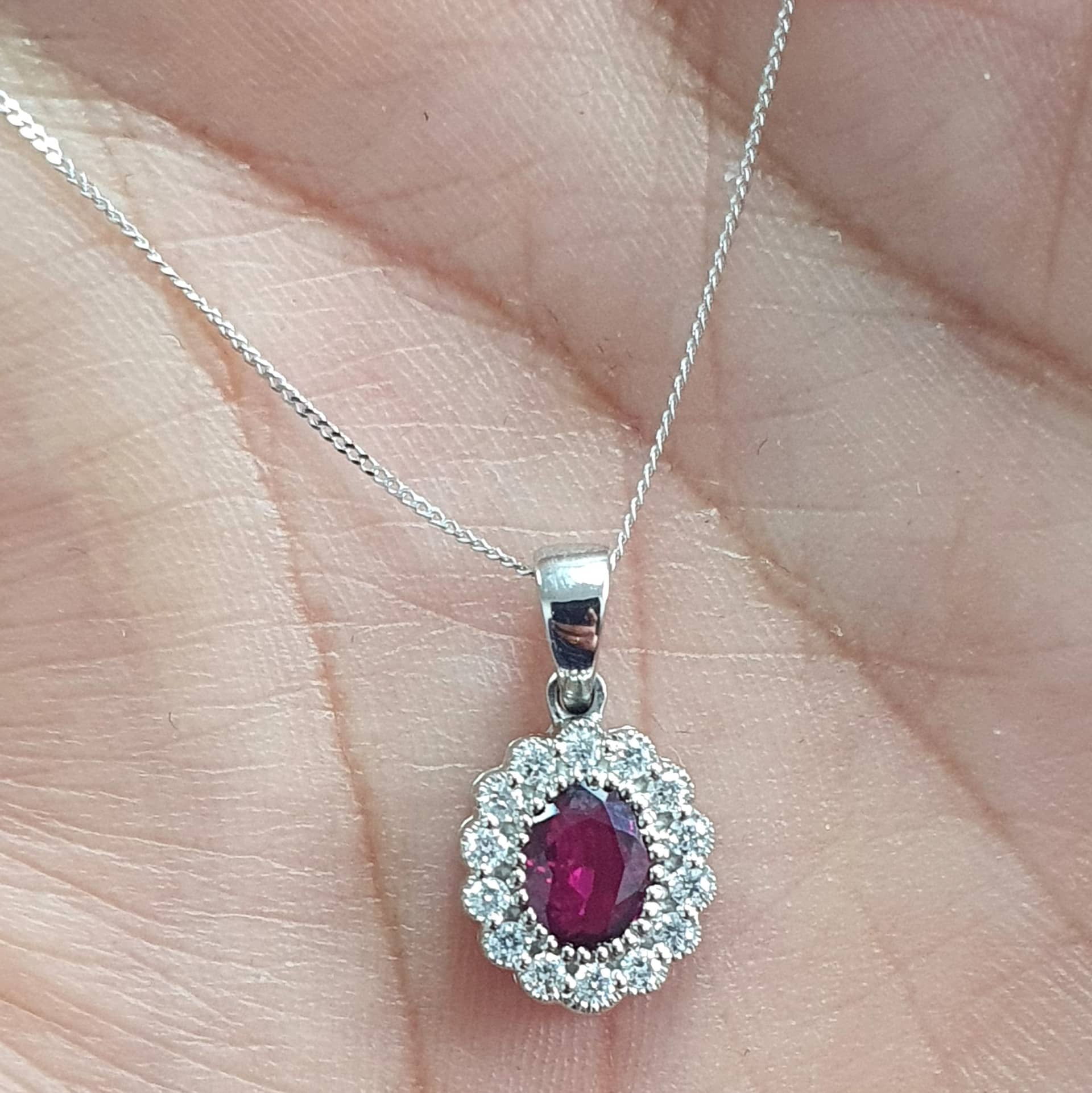 Oval Sapphire, Ruby, Emerald & Diamond Halo Pendant In Heavy Platinum