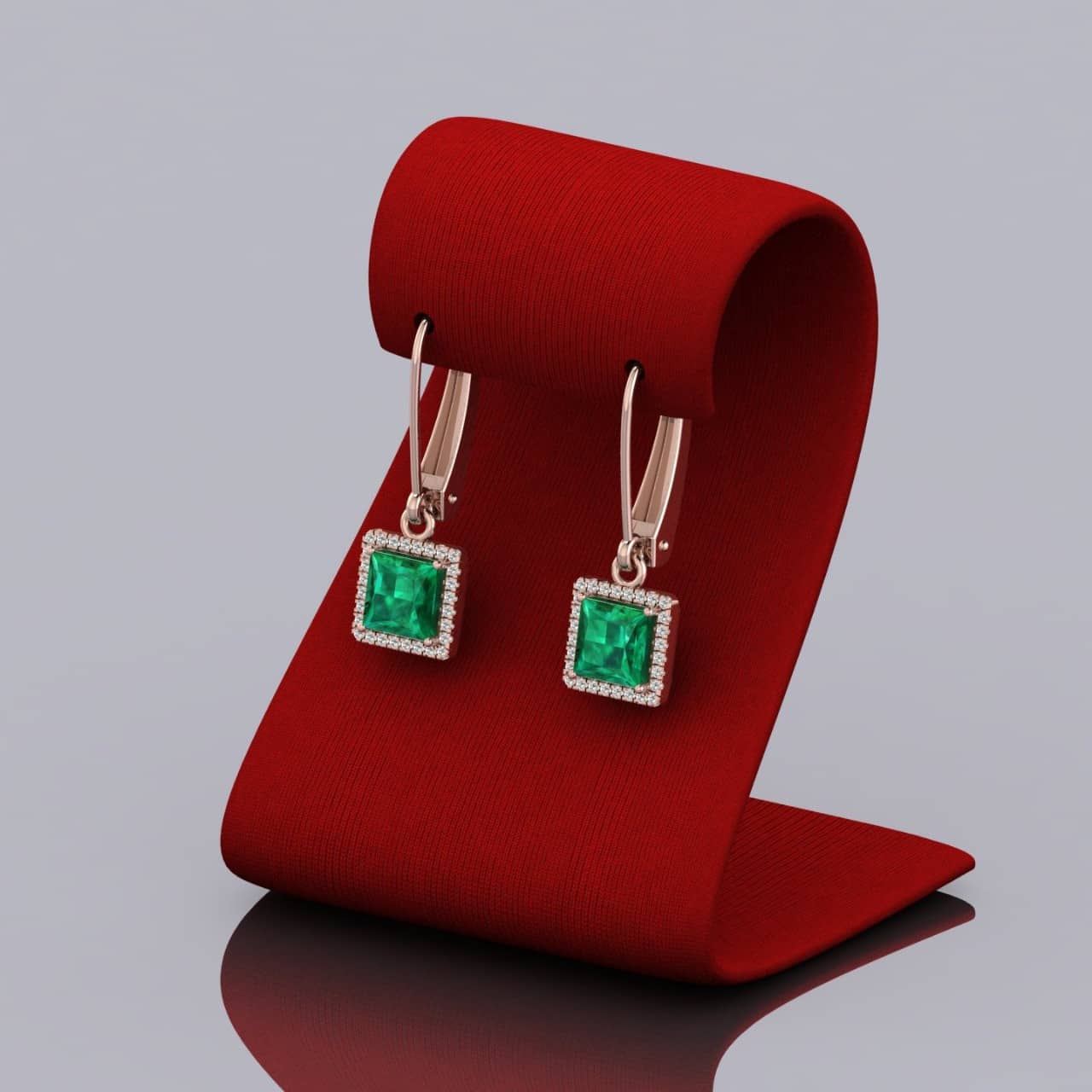 Natural Green Emerald Princess Cut & Diamond Dangle Earrings In Hallmarked 18k Gold