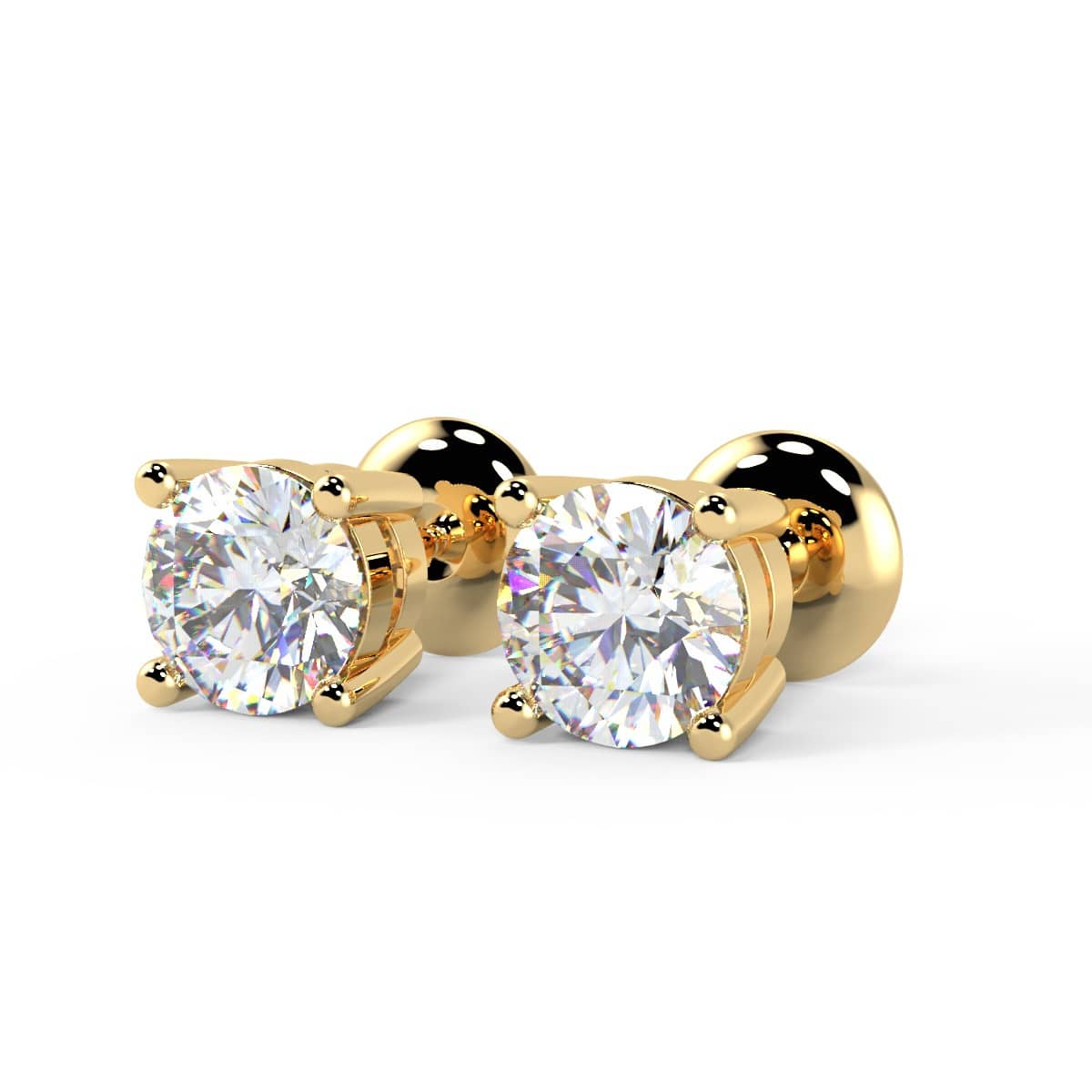 WGI Certified K/VVS2 2.01 Ct Round Diamond Stud Earrings In Heavy 18k Yellow Gold - Push Back