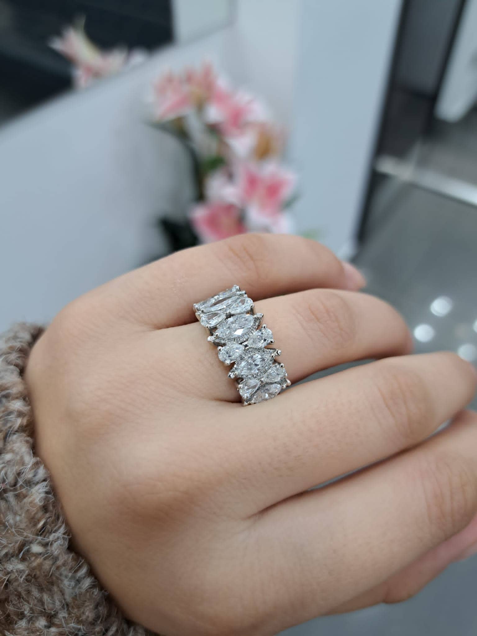 F/VS 4Ct Marquise & Pear Diamonds Half Eternity Designer Ring, Platinum Ring