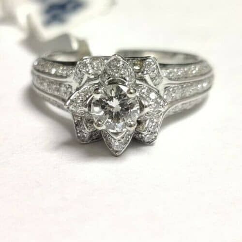 LAST PIECE..! 1.50Ct Round Diamond Flower Shape Vintage Engagement Ring, 18k White Gold